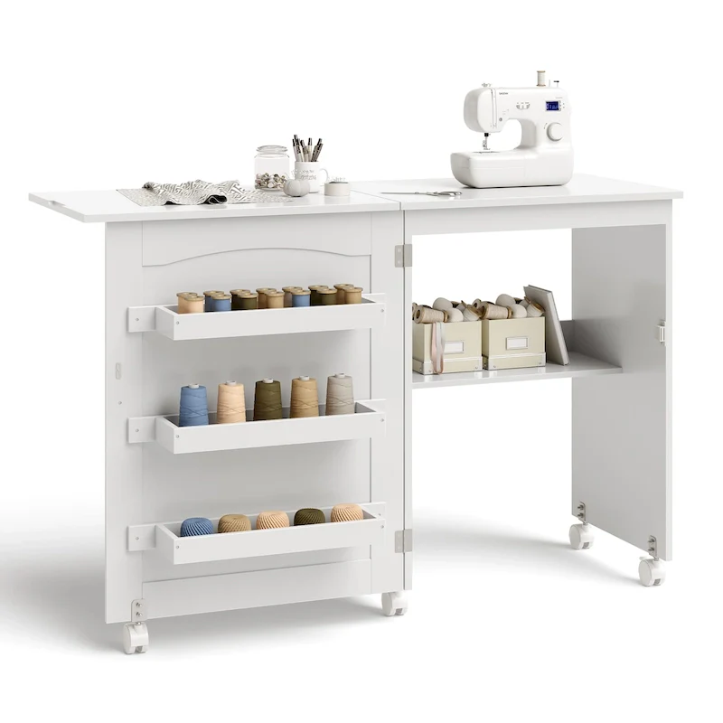 Costway White Folding Sewing Craft Table with Storage Shelves Cabinet - See details