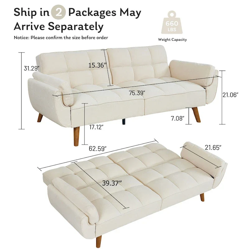 Convertible Futon Sofa Bed, Tufted Linen, Wood Legs, 3-Position Backrest, 500 lbs, Seats 2, Beige/Grey/Green/Yellow