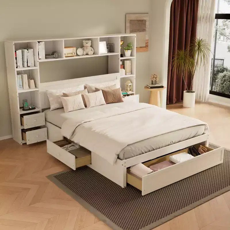 GDFStudio Polly Queen Size Pine Wood Platform Bed with Nightstands and Bookcase Cabinet