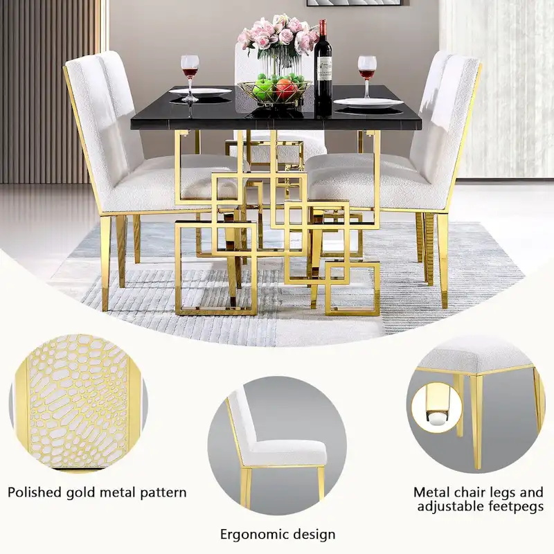 Luxurious White Boucle Dining Chairs with Polished Gold Metal Legs