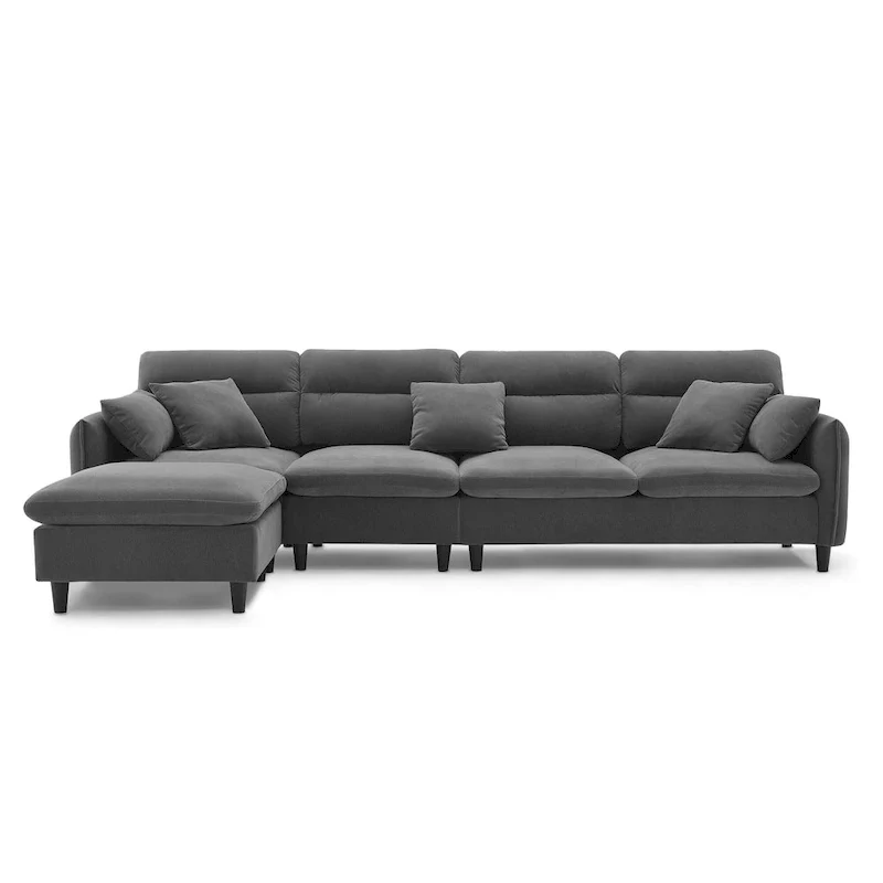 110 Modern L-Shaped Convertible 5-Seat Sectional Sofa with Removable Ottoman and 5 Cushions, Plush Chenille Fabric