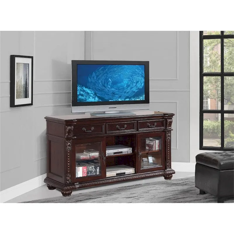 Spacious Poplar Wood TV stand with Traditional Carvings, Brown