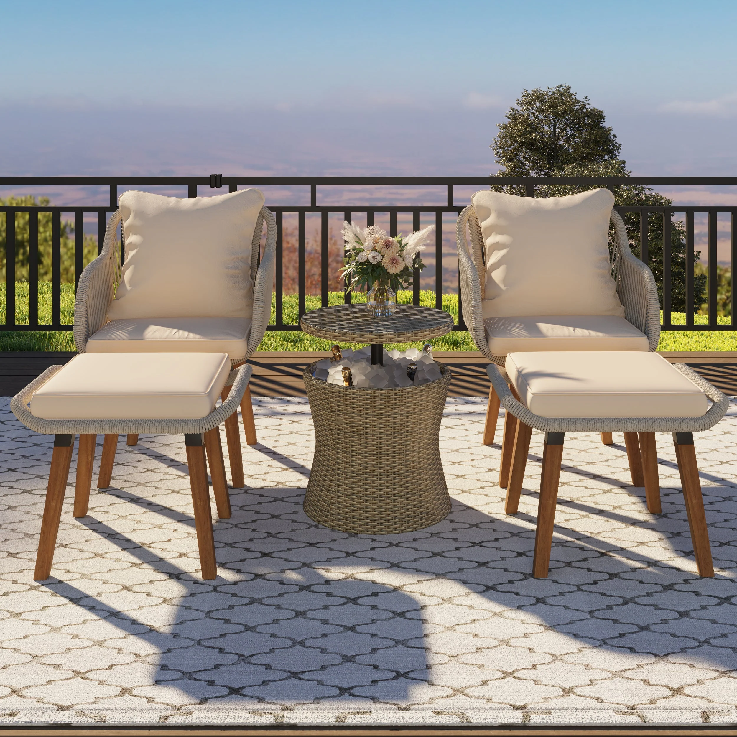 Walker Edison | 5 Piece Outdoor Patio Chat Set with Ottomans and Side Table