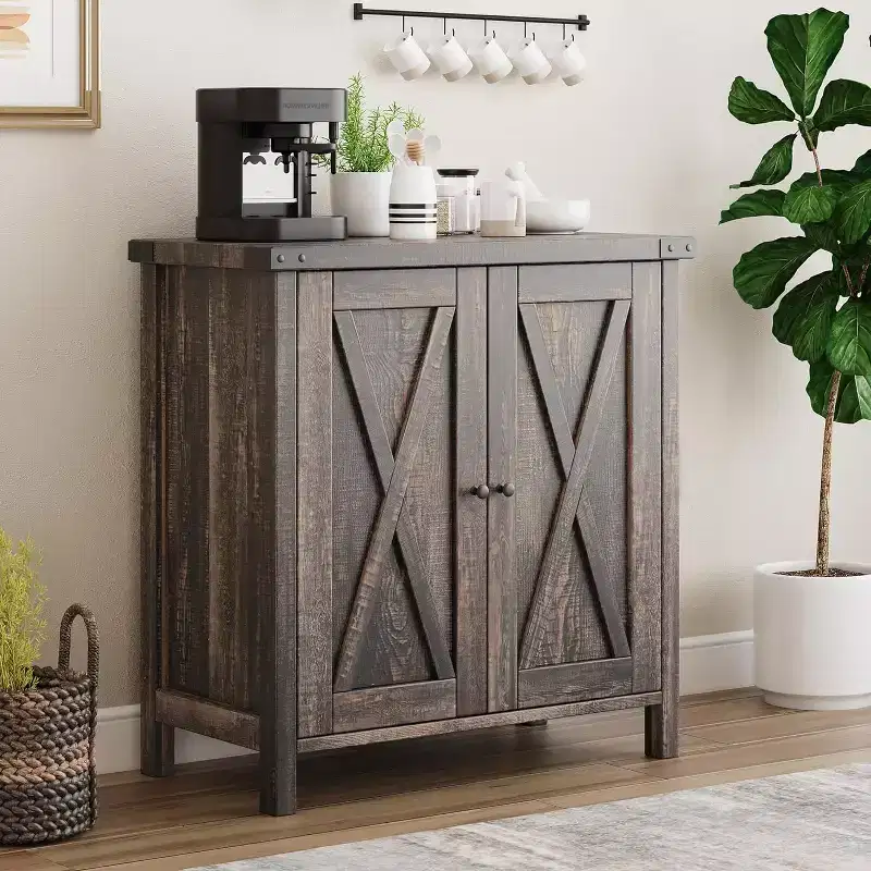 Brown Wood Single-Door Sideboard Cabinet, 2-Piece Set