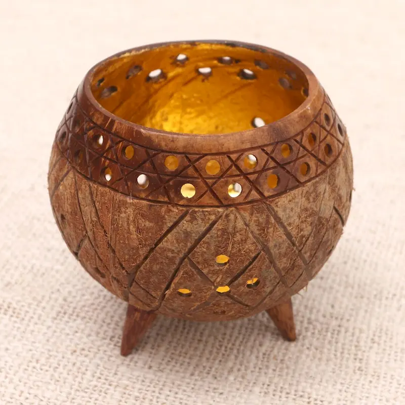 Novica Handmade Golden Inside Wood And Coconut Shell Catchall