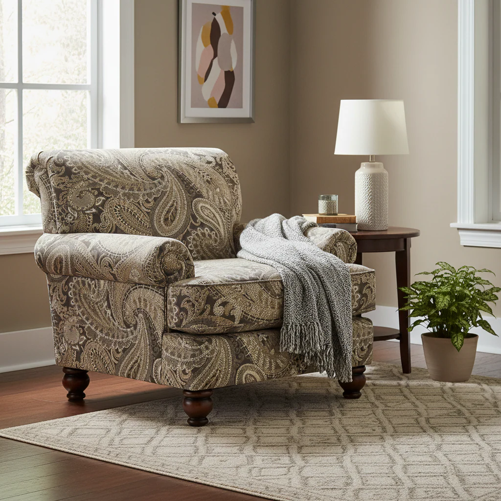 Paisley Print Accent Chair – Beige, Rolled Arms, Traditional Style, Single Seat