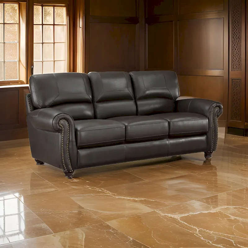 84 Inch Sofa, Dark Brown Top Grain and Faux Leather, Solid Wood