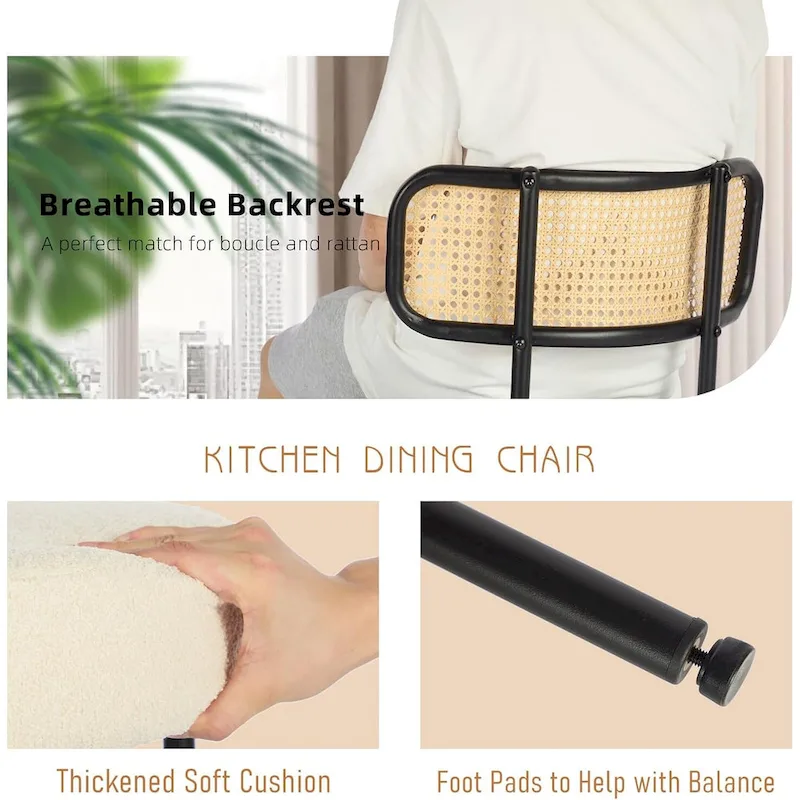 XINMICS Mid-Century Modern Dining Chairs, Boucle Upholstered Metal Side Chair with Rattan Cane Back, Set of 2 - set of 2