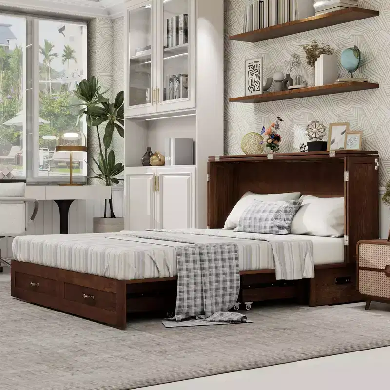 Keloyid Haimyy Solid Wood Frame Queen Murphy Bed Chest with Built-in Charger and Strong Drawer