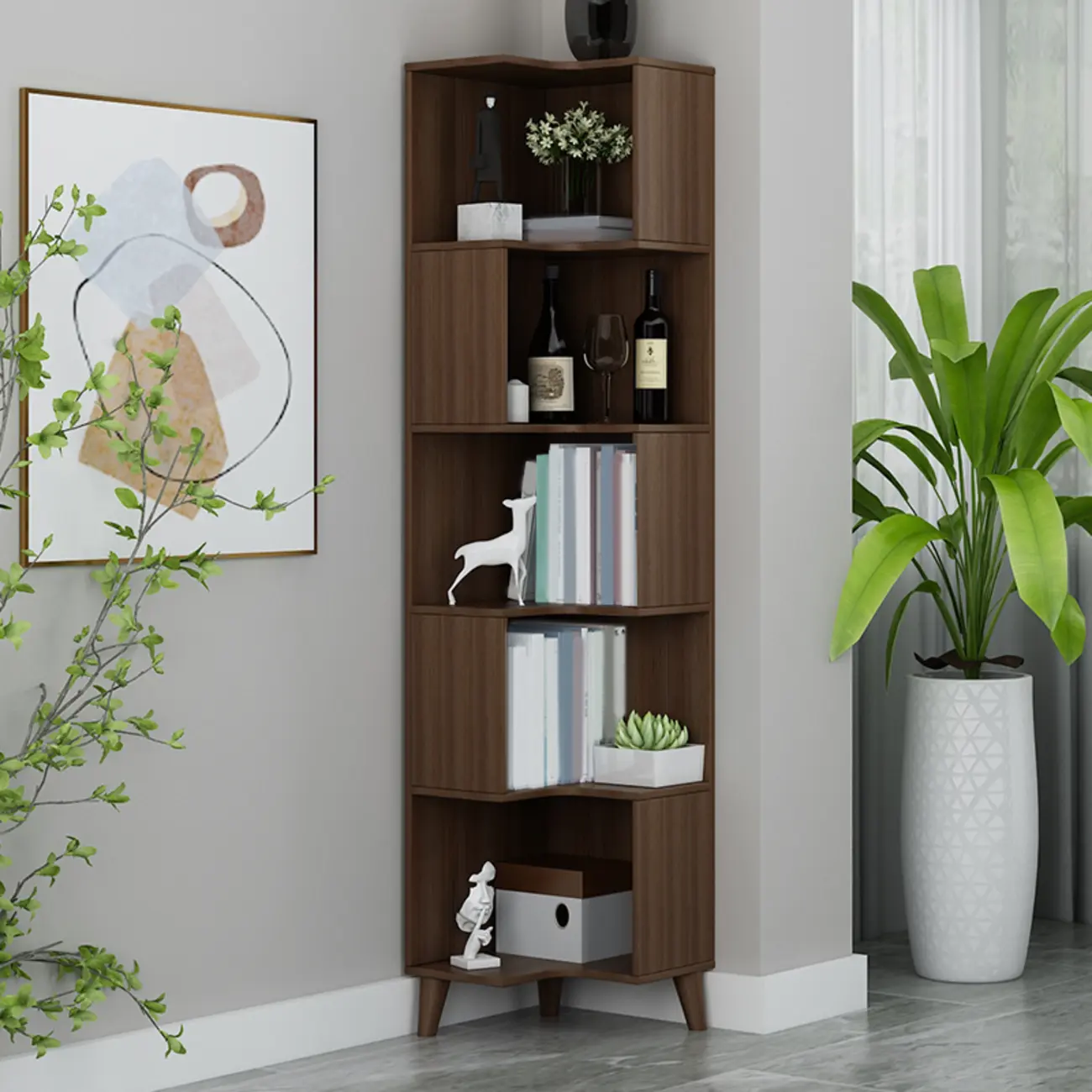 Modern Wood Vertical Corner Storage Cabinet for Living Room