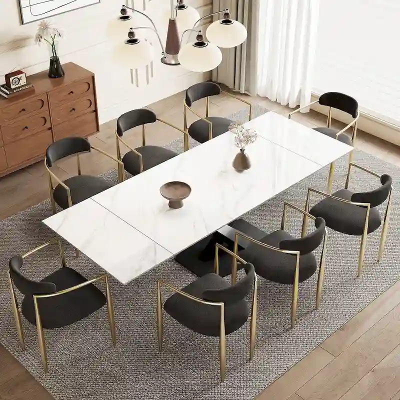 9 - Piece 94.48 Modern Minimalist Extendable Sintered Stone Top Dining Set with 8 Fabric Chairs