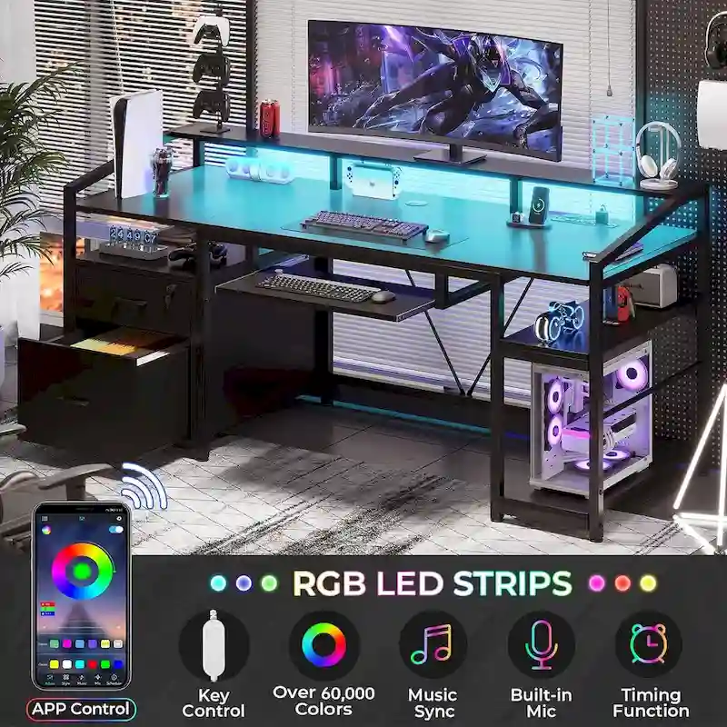 LED Computer Desk With Lock Drawers Keyboard Tray Power Outlet