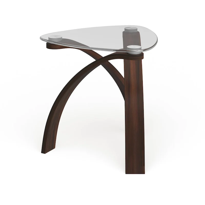 Modern Glass Top End Table, Cherry, Crossed Arch Base, Walnut Veneer