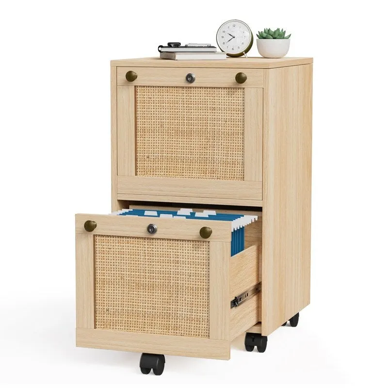 Mobile File Cabinet Wood Rattan 2-Drawer with Lock