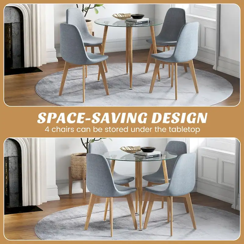 Gymax 5 PCS Dining Set Round Tempered Glass Table 4 Fabric Chairs