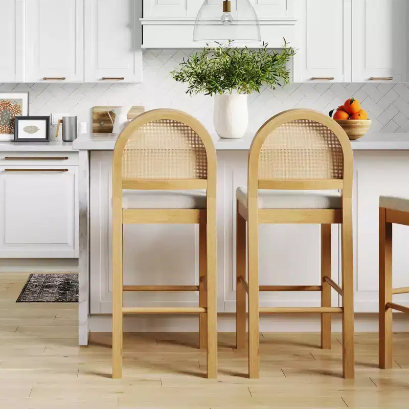 Nathan James Bailey Curved Back Counter Height Barstool Natural Wood Oak Rattan Cream Boucle: Upholstered, 300lb Capacity