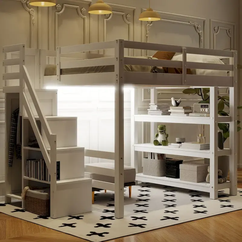Full/Twin Loft Bed with Storage Stairs - Shelves, Wardrobe & LED Light, Space-Saving Design