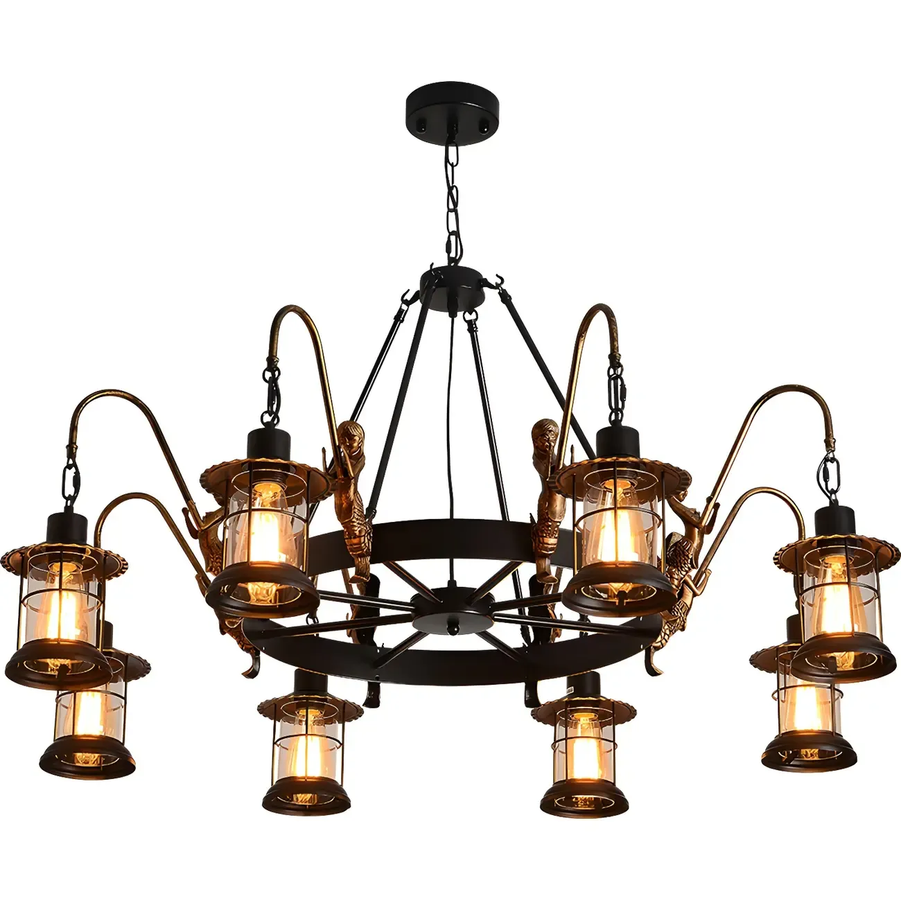 Industrial Black Metal Lantern Wheel Chandelier