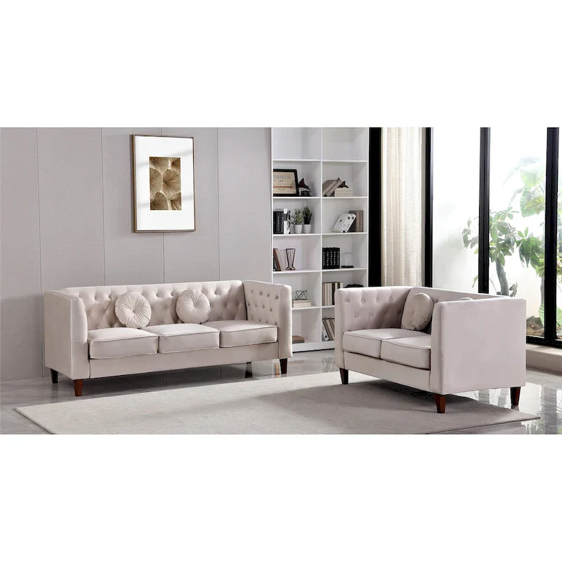 US PRIDE FURNITURE Velvet Classic Chesterfield 2 pieces Living Room Sets, Sofa and Lovesat