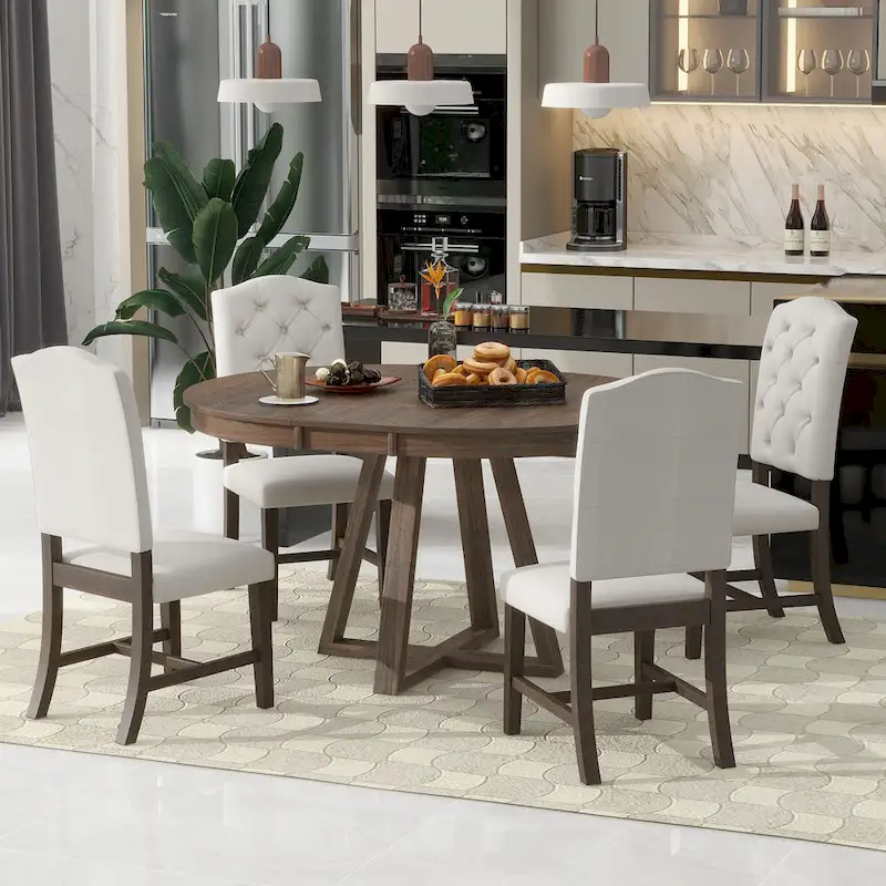 5 Piece Extendable Round Dining Table Set, Wooden Kitchen Furniture Set with Removable Leaf and 4 Upholstered Chairs