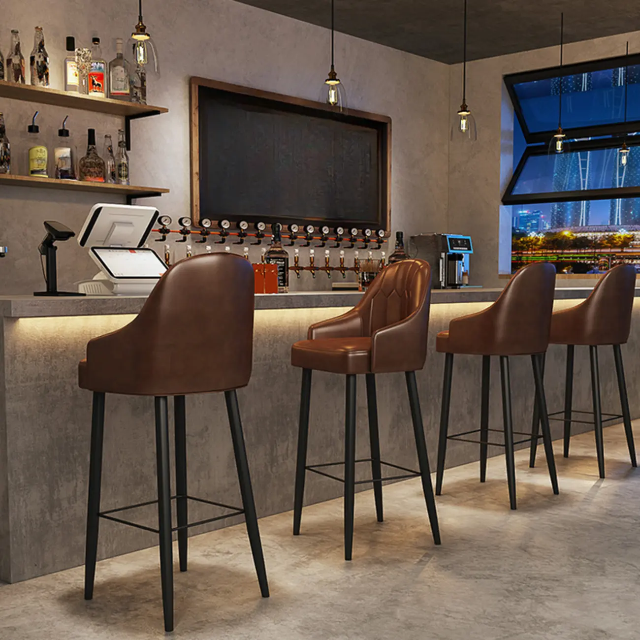 Mid-century Modern Saddle Brown Bucket Upholstered Leather Bar Stools