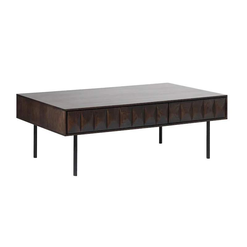 Modern Coffee Table - Espresso Oak Veneer, 2 Drawers, Matte Black Metal Base, 46W x 16.5H