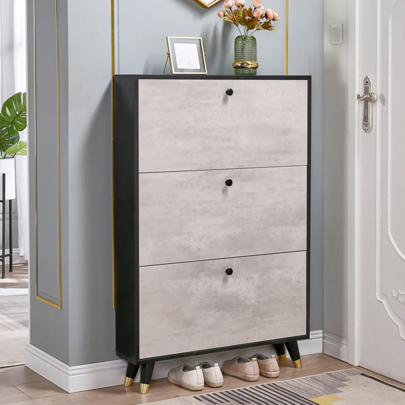 Black Drop Front Shoe Cabinet with Sliding Doors