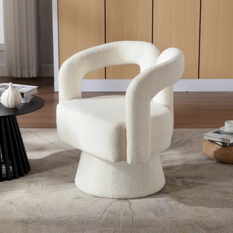 Boucle Upholstered 360° Swivel Barrel Accent Chair, Hardwood Frame, 15-Min Assembly, 6 Colors