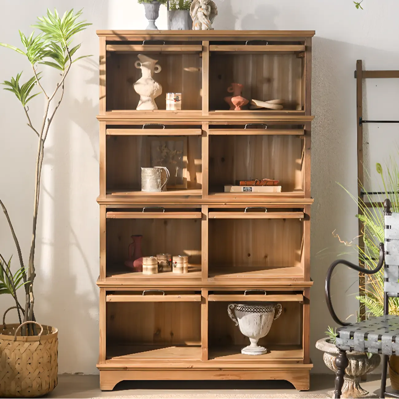 Traditional Multi-Shelves Brown Wooden Flip-Up China Cabinet