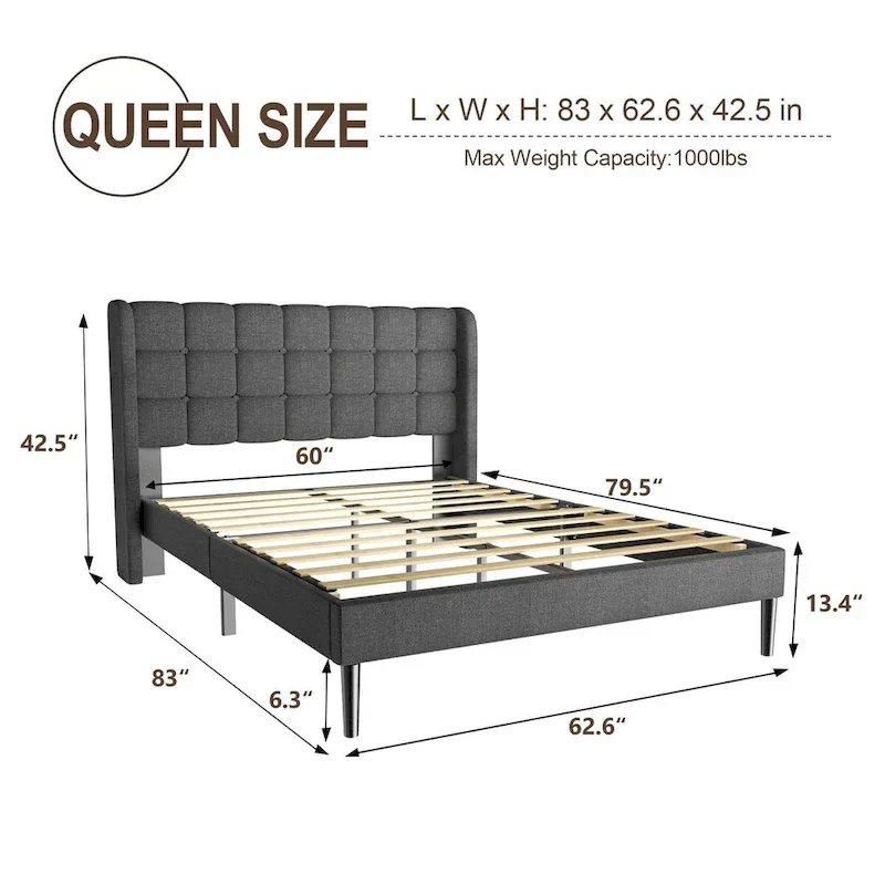 Upholstered Wingback Bed Frame with Wooden Slats