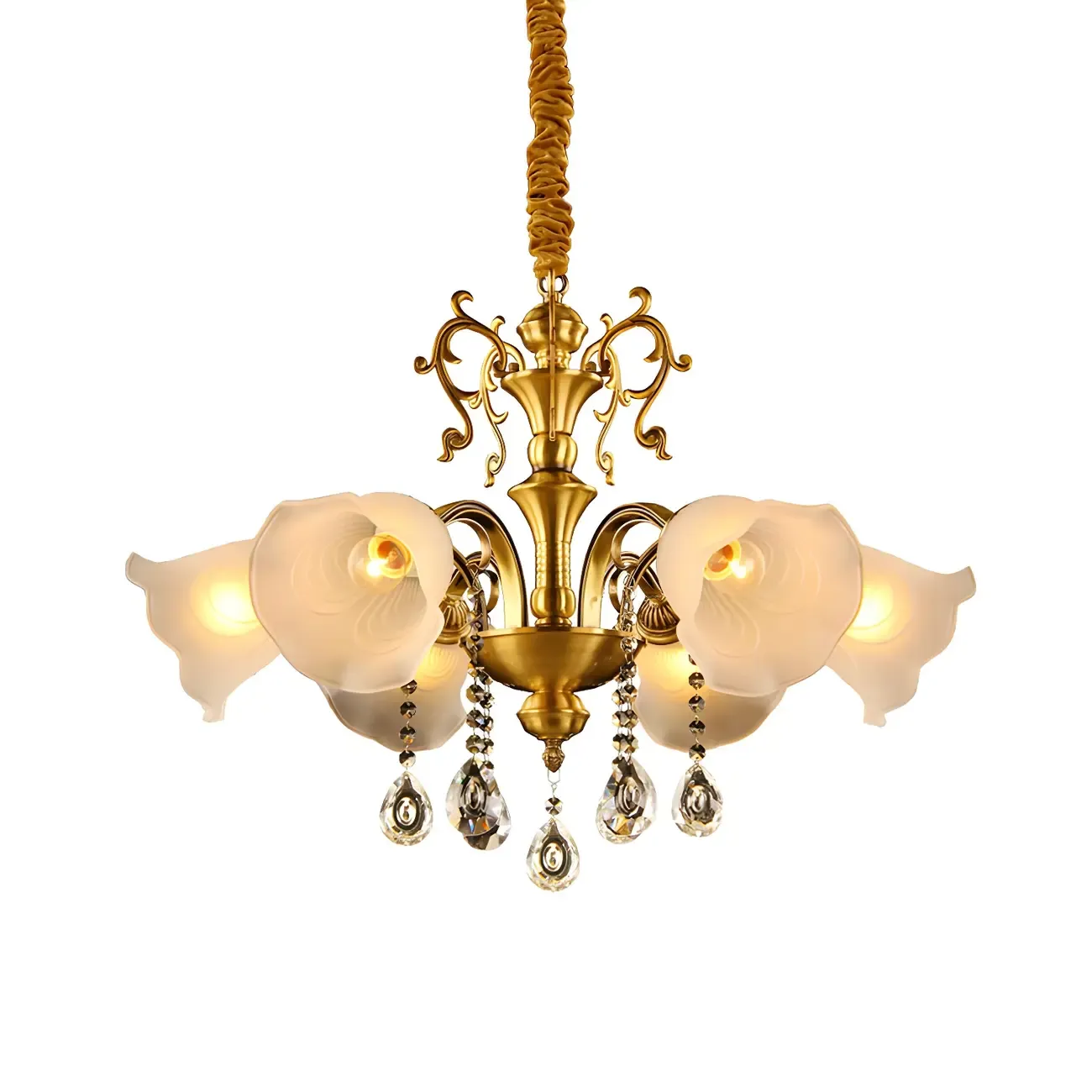 Gold Crystal Pendant Frosted Flower Glass Chandelier