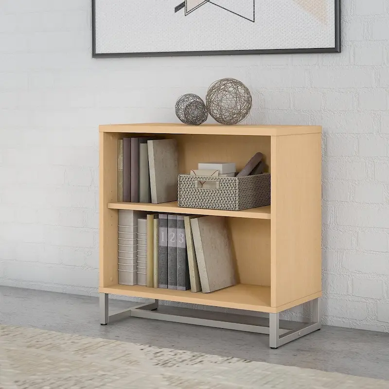 Grey / Tan / White / Taupe / Brown 2-Shelf Bookcase Cabinet with Metal Base