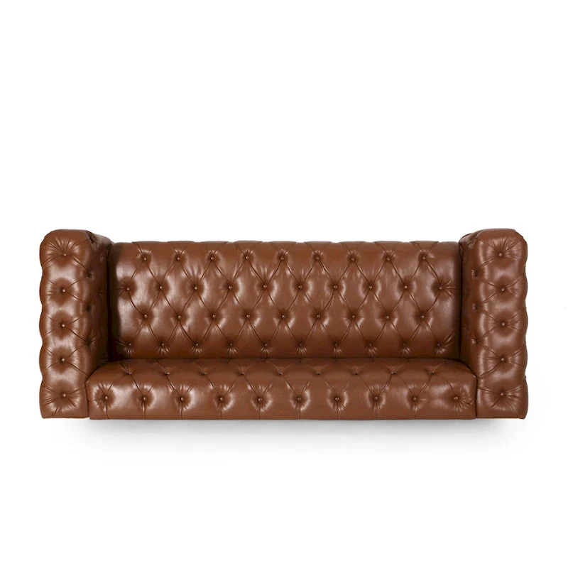 Faux Leather Button Tufted 3-seater Sofa with Wood Legs