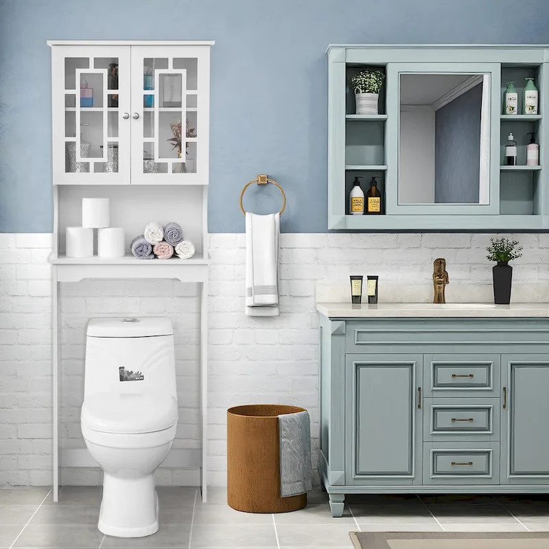 EROMMY Bathroom Organizer Over-The-Toilet Storage, Wooden Unit with 2 Glass Doors & Adjustable Shelf for Bathroom Use