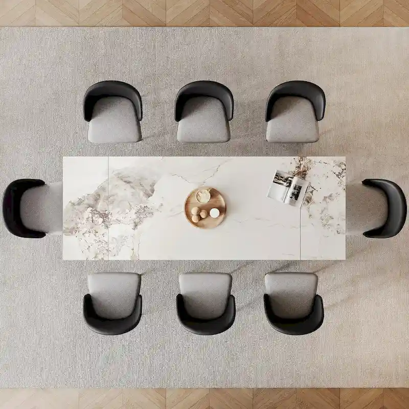 9 - Piece 94.48 Rectangular Extendable Sintered Stone Dining Table with 8 Faux leather Chairs Dining Set