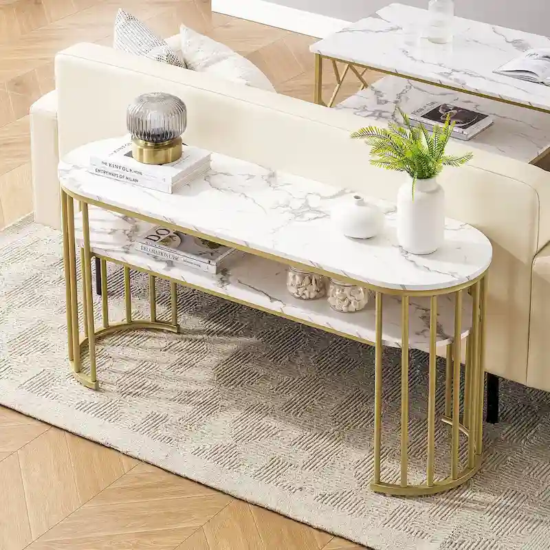 Ivinta White Sofa Table, Modern Faux Marble Top, Console Table with Gold Metal Frame