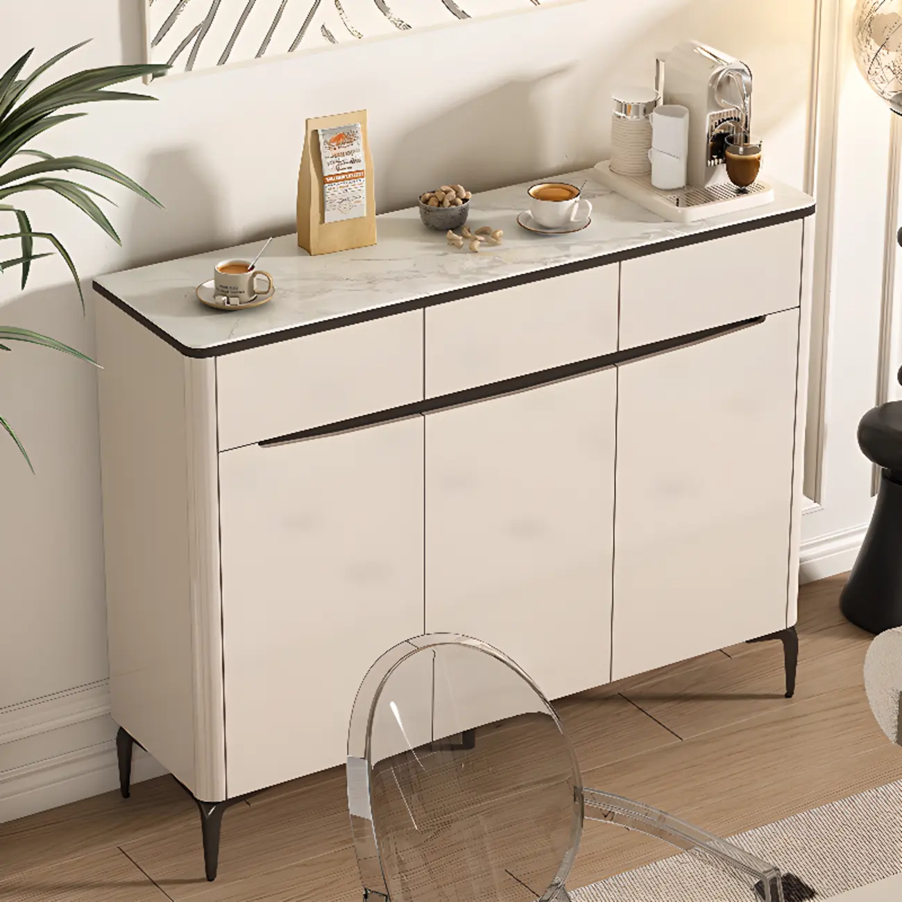 Khaki Wood Entryway Shoe Cabinet Marble Top