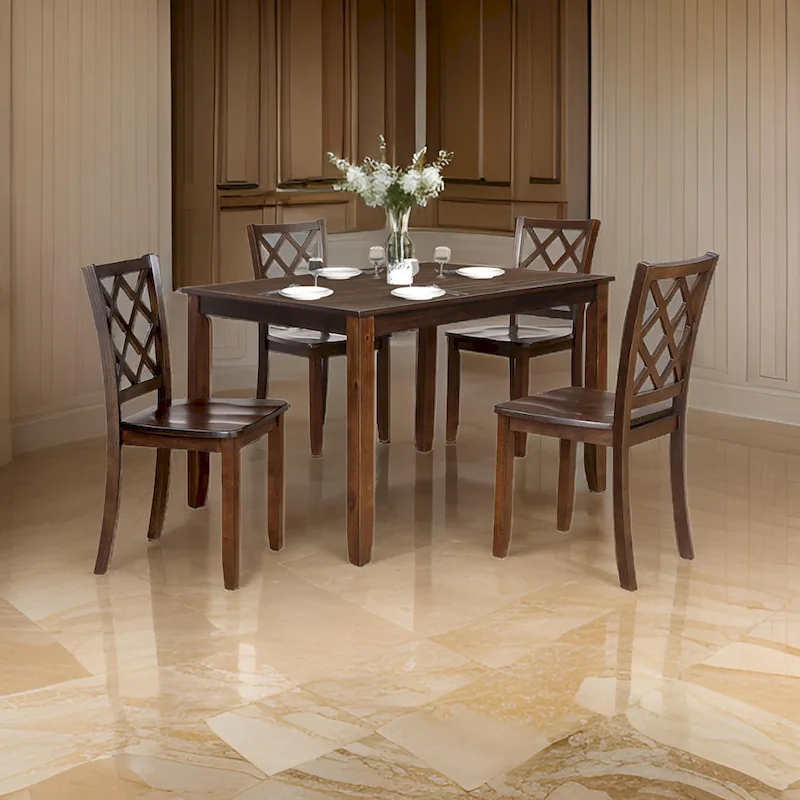 5 Piece Dining Table Set, 4 Cross Back Chairs, Cherry Brown Solid Wood