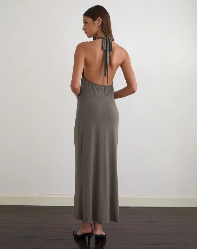 Zarya Maxi Dress in Cupro Grey Khaki