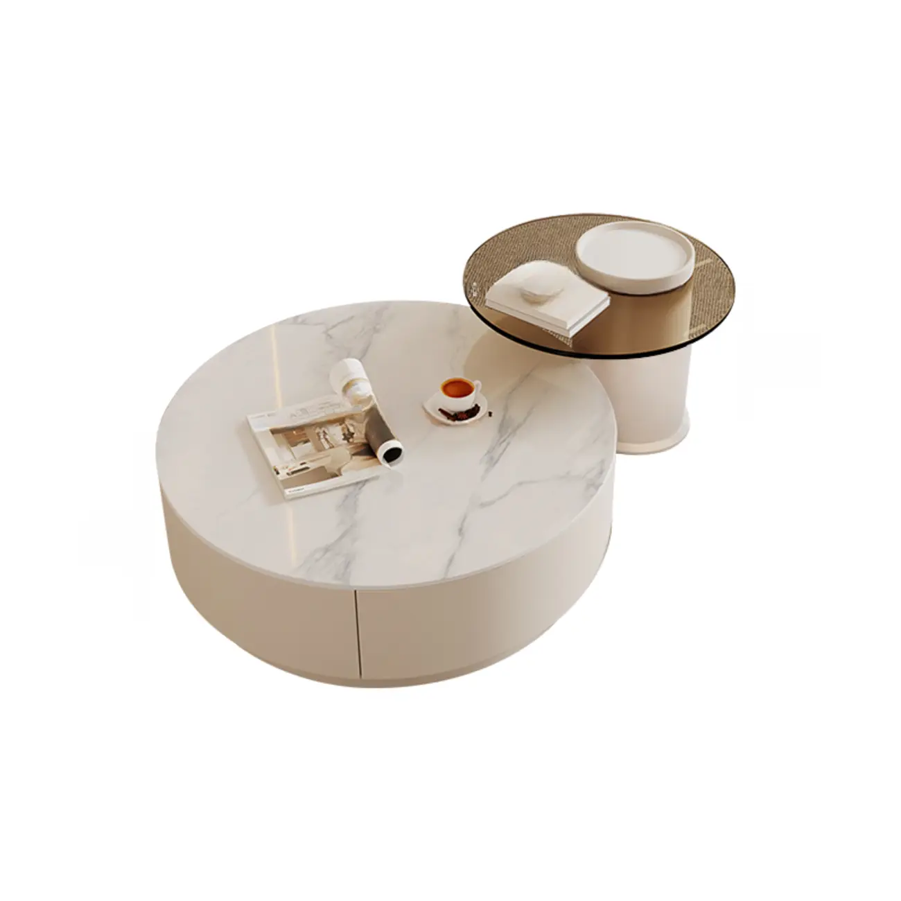 Modern Wood Round Nesting Coffee Table with 2 Drawers