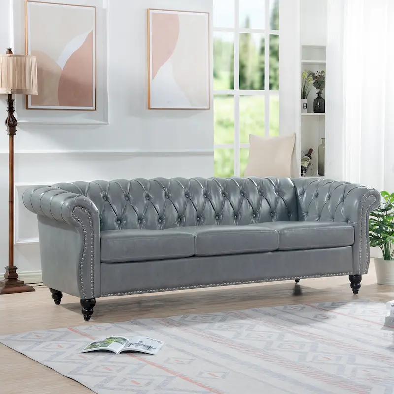 Upholstered Rolled Arm Chesterfield 3-Seater Sofa