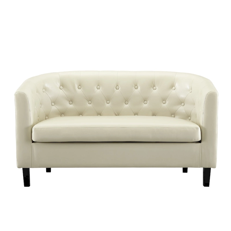 Midcentury Modern Button Tufted Faux Leather Barrel Loveseat - Comfy Tub Loveseat Sofa