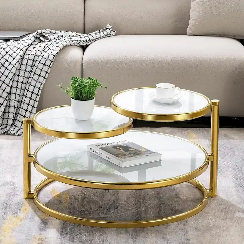 Round Tempered Glass Coffee Table with 3 Tiers 360 Degrees Rotating Top