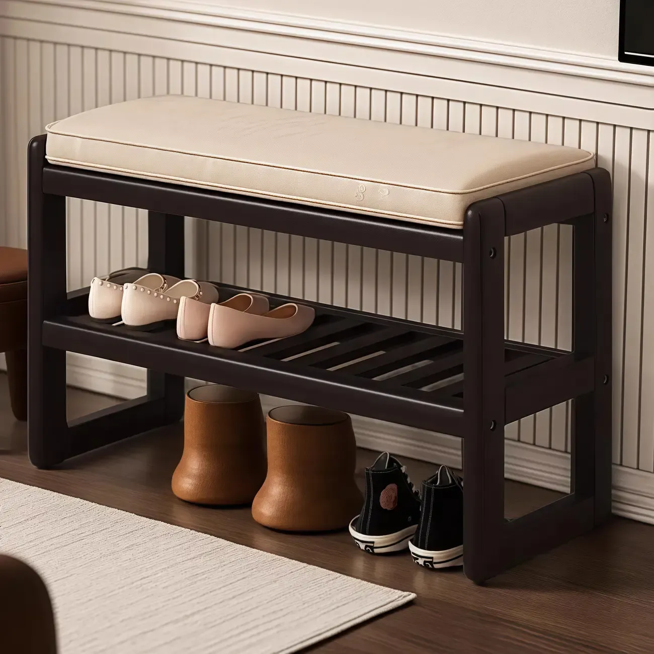 Black Upholstered Wood Frame Entryway Bench with Storage