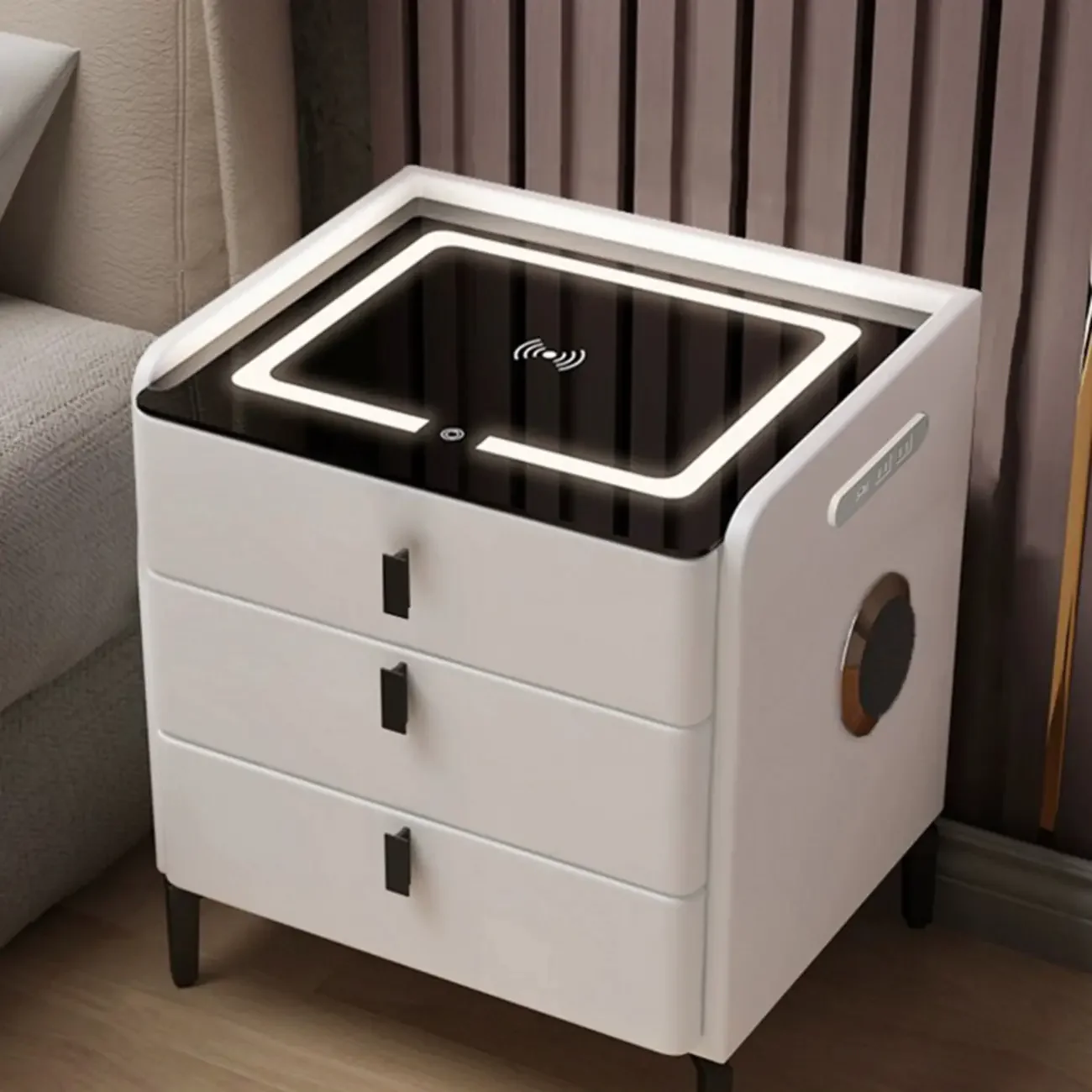 Narrow 3-Drawers Glass Top Wooden Nightstand with Light