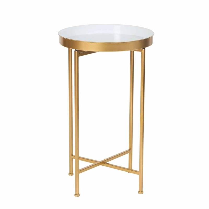 Adeco Round End Table Gold Metal Side Nightstand Accent Coffee Tables - 15(D)x 15(W)x 25.7(H)