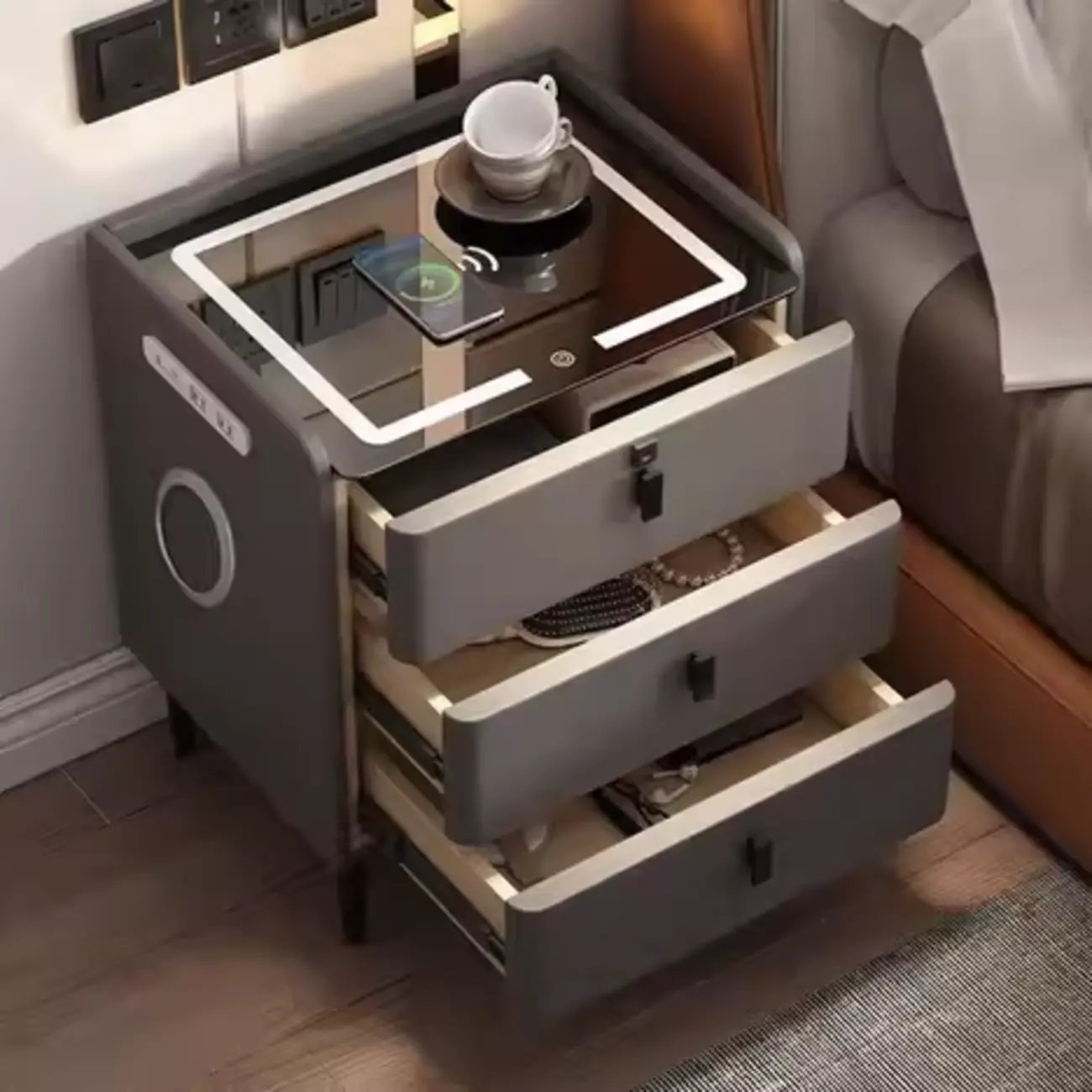 Narrow 3-Drawers Glass Top Wooden Nightstand with Light