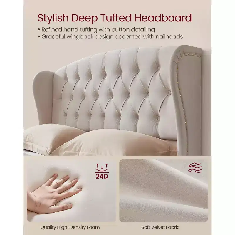 VASAGLE Queen Bed Frame with Tall Headboard, Upholstered Platform Bed Frame Queen Size, with Wingback Tufted Headboard Cappuccino Beige