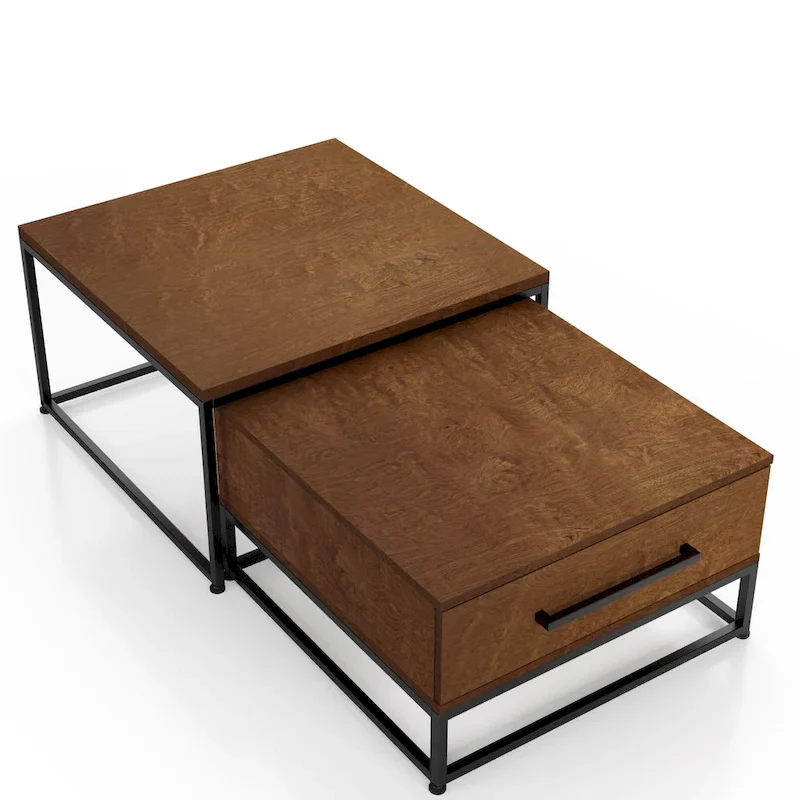 Saxon Rustic Brown Square 2-Piece Solid Wood Coffee Nesting Tables with 1-Drawer by Furniture of America