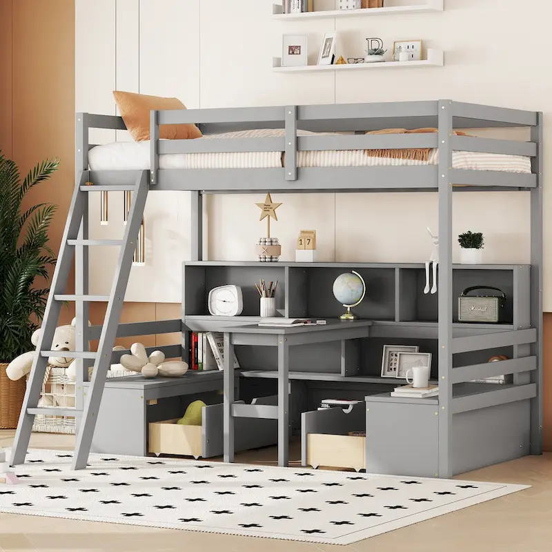 Twin Size Wood Loft Bed with Storage Shelves